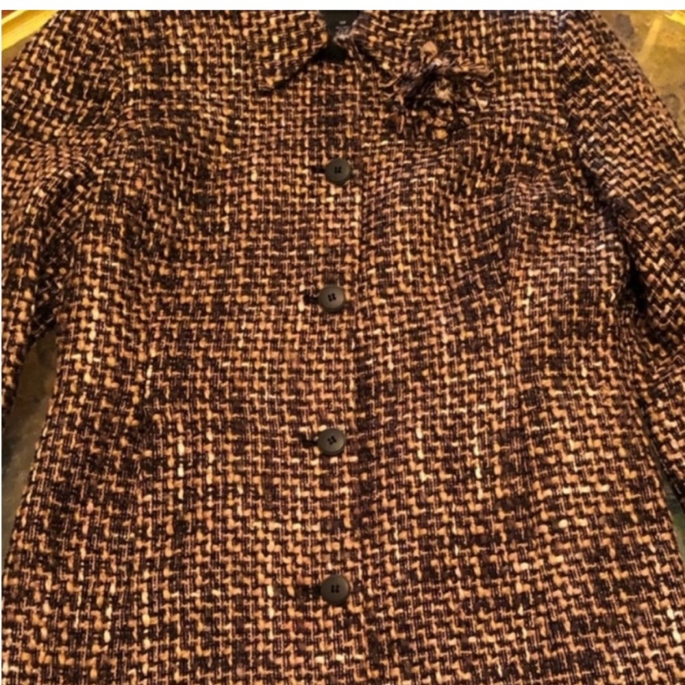 Vintage trendy Boho Tweed Stylish Coat Matching Flower Attached Designer 12P